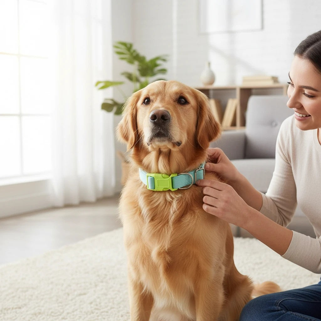 The Spoiled Pet Club Astor collar in light blue and lime green on a golden retriever. Adjustable polypropylene.