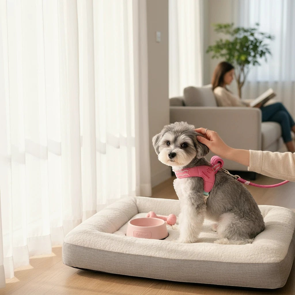 A small dog wearing a rose red The Spoiled Pet Club Astor dog harness while sitting on a plush pet bed indoors.
