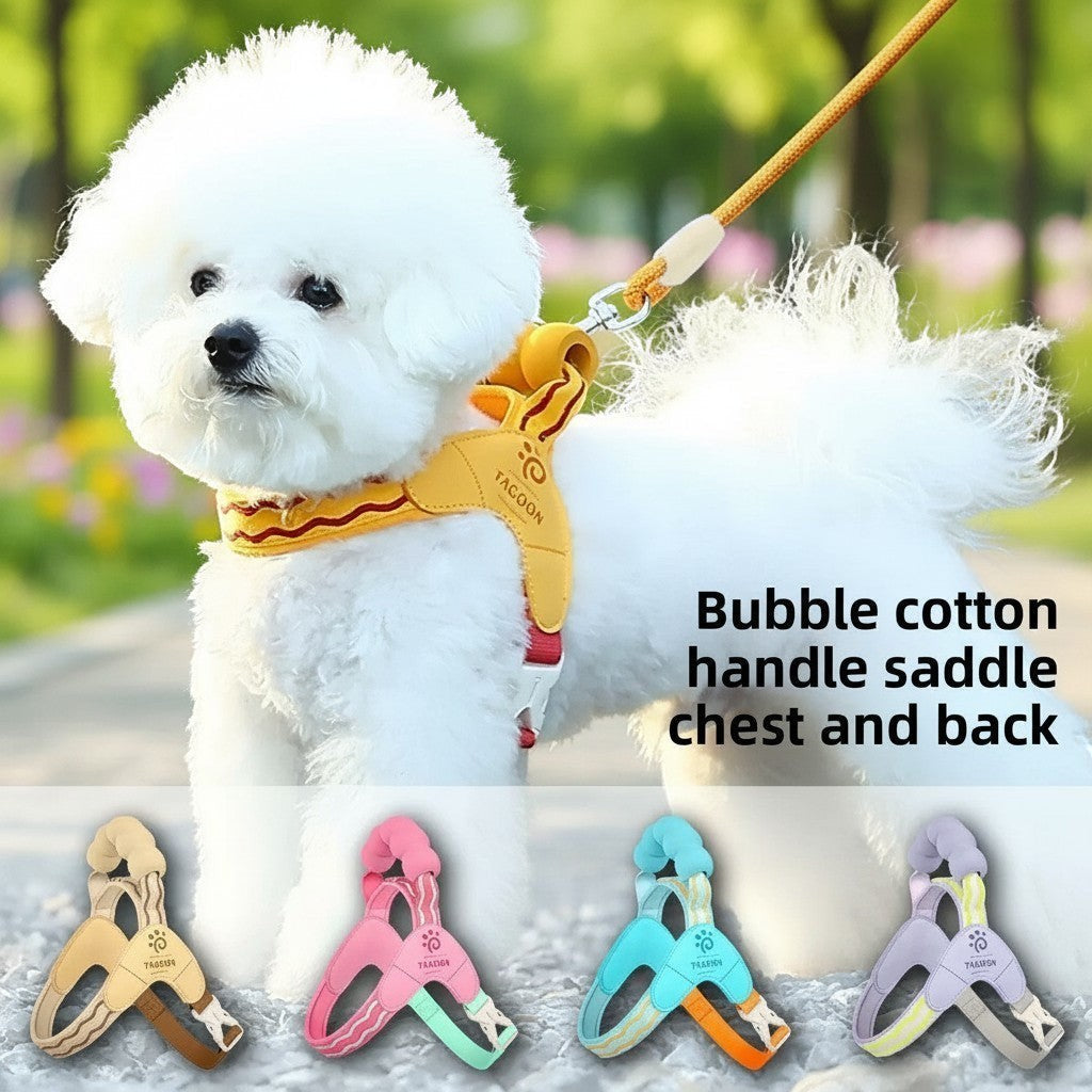 The Spoiled Pet Club Astor dog harness on a white dog, featuring a comfortable sponge handle and adjustable design.