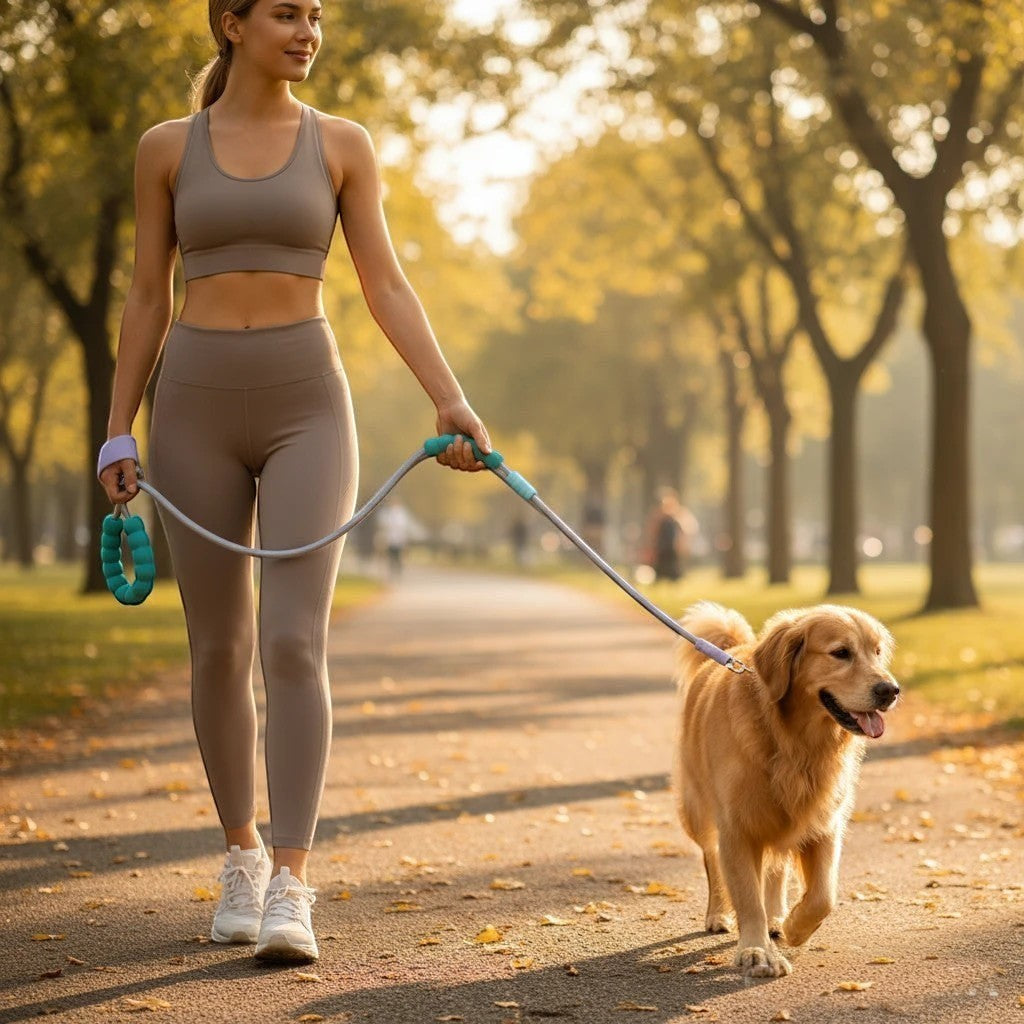 The Spoiled Pet Club Astor rope leash in gray with teal accents, held by a woman walking her golden retriever in a park