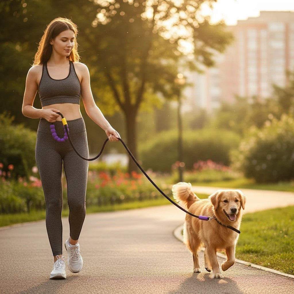 The Spoiled Pet Club Astor rope leash in black with purple handle, used by a woman walking her golden retriever.