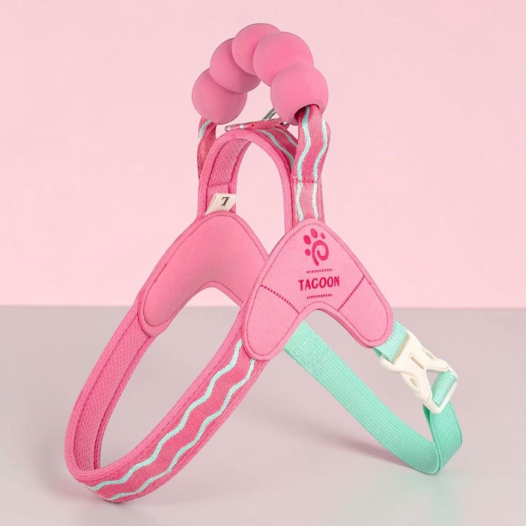 The Spoiled Pet Club Astor dog harness in rose red with a comfortable cloud-shaped sponge handle and adjustable straps.