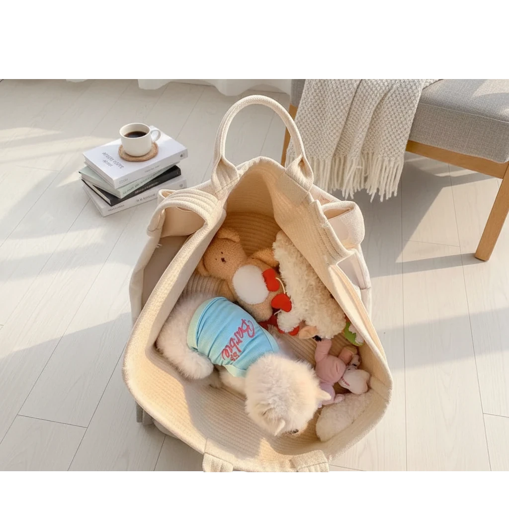 The Spoiled Pet Club dog wearing a blue Barbie tropical tank top, resting inside a beige woven pet carrier bag.