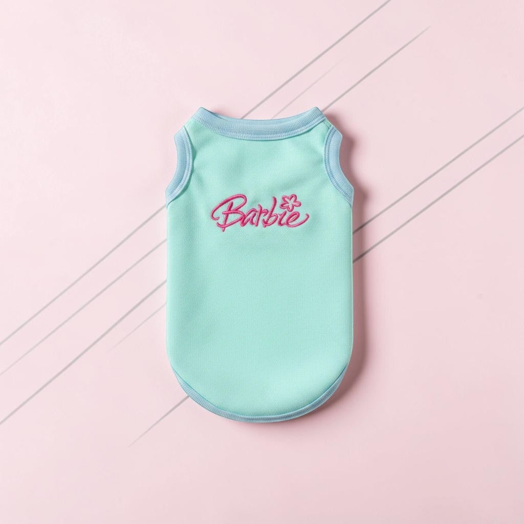 The Spoiled Pet Club Barbie tropical dog tank in sky blue with pink embroidered logo on a soft pink background.