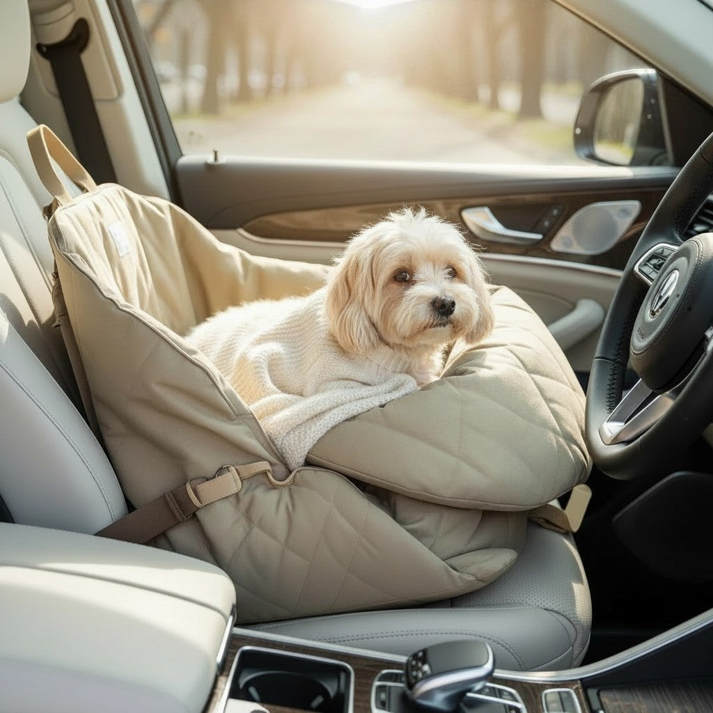 The Spoiled Pet Club beige quilted nylon pet car seat with a small dog sitting comfortably inside a vehicle