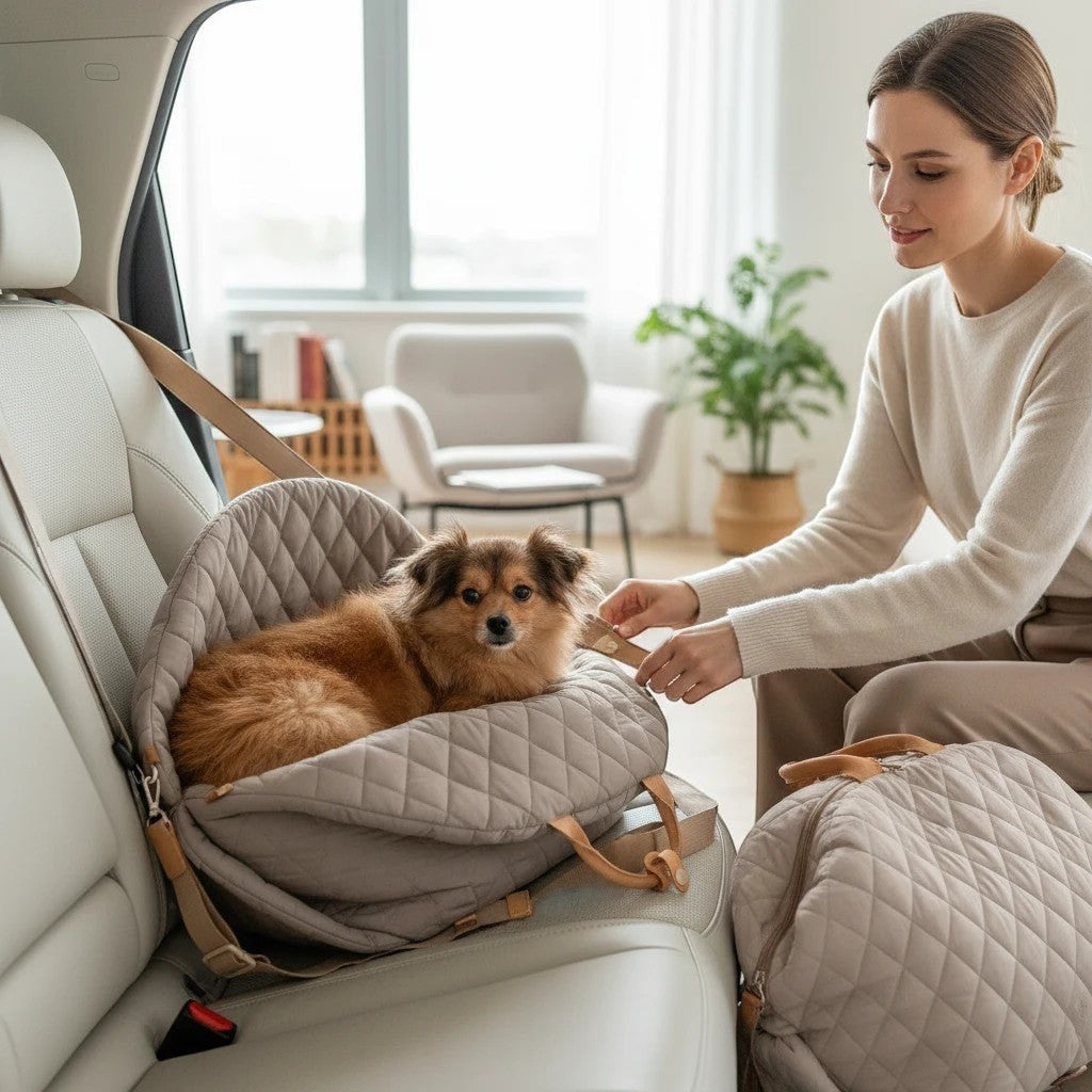 The Spoiled Pet Club beige quilted nylon pet car seat with a small dog inside, secured on a car seat by a woman.