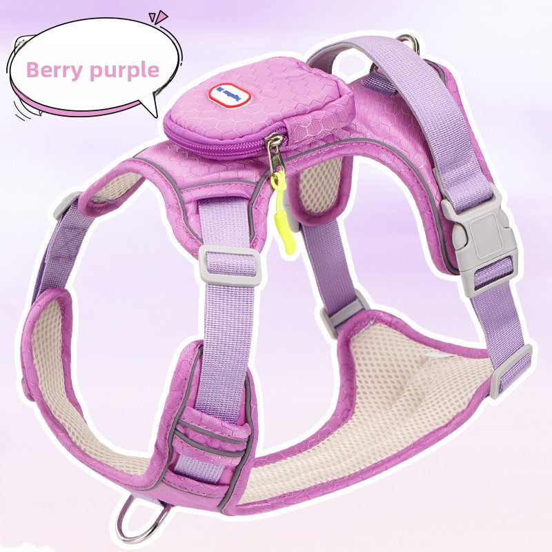 The Spoiled Pet Club berry purple reflective dog harness with a small storage pouch and adjustable straps.