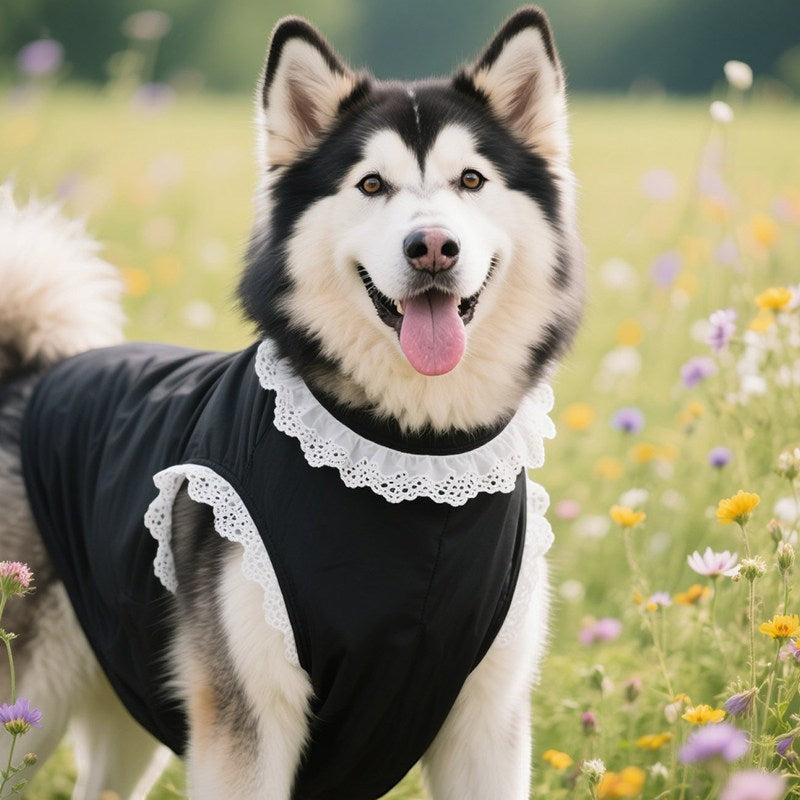 The Spoiled Pet Club black dog dress with white lace trim worn by a fluffy dog in a wildflower field