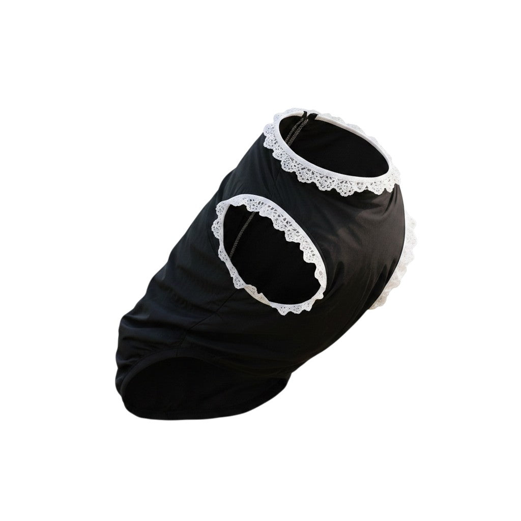 The Spoiled Pet Club black dog vest dress with elegant white lace trim on the collar and armholes.
