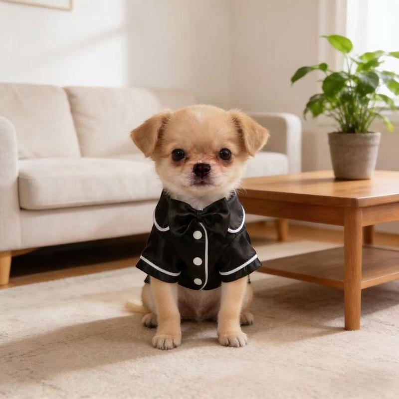 The Spoiled Pet Club black satin pajama shirt with white piping and bow tie on a small dog.