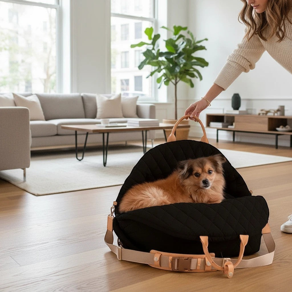 The Spoiled Pet Club black quilted nylon pet carrier bag with tan leather handles and straps in a living room