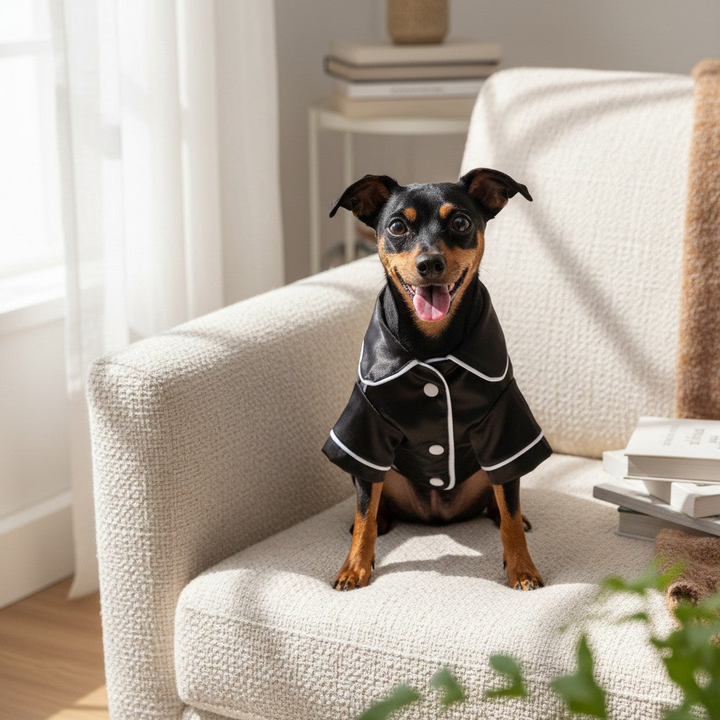 The Spoiled Pet Club black satin dog pajama shirt with white piping, worn by a happy dog sitting on a beige armchair.