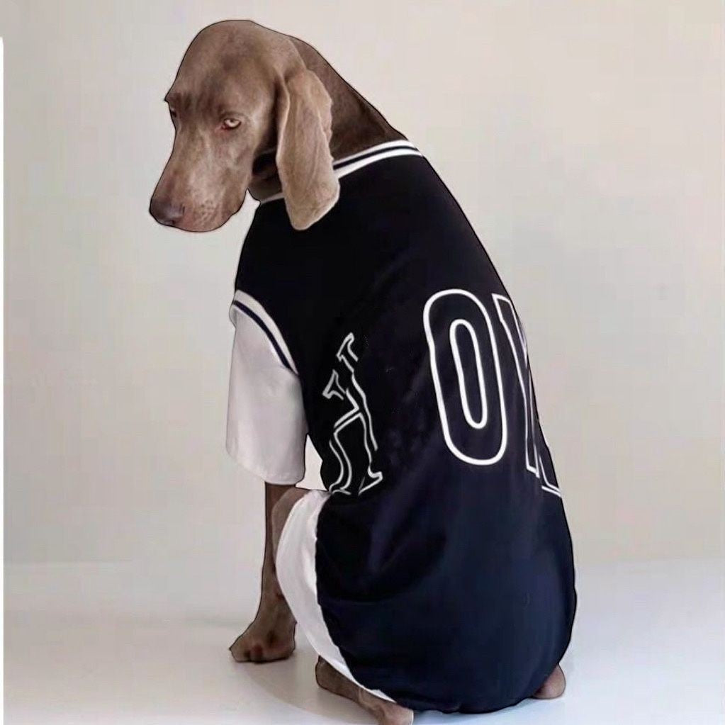 The Spoiled Pet Club black and white polyester two-piece dog outfit worn by a Weimaraner against a plain background.