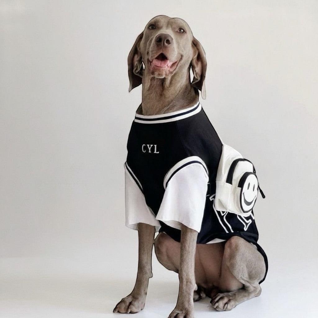 The Spoiled Pet Club black and white two-piece dog outfit with a smiley face backpack on a Weimaraner dog.