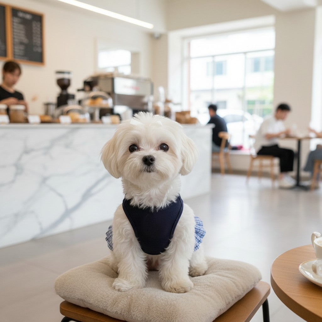 A small white dog wearing a blue Camellia Bow Dress from The Spoiled Pet Club, sitting on a cushion in a cafe.
