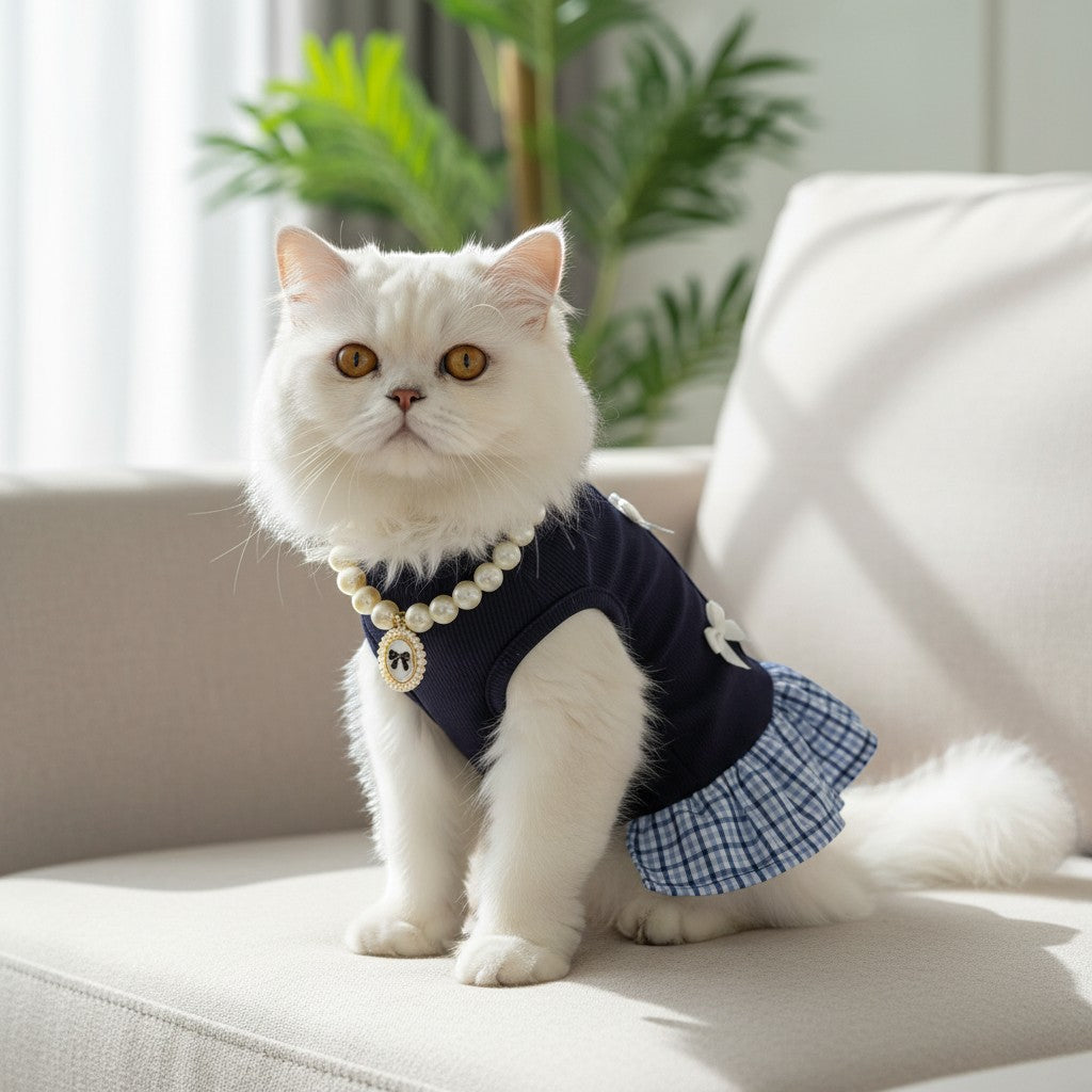 The Spoiled Pet Club blue Camellia Bow Dress on a fluffy white cat with a pearl necklace sitting on a sofa.