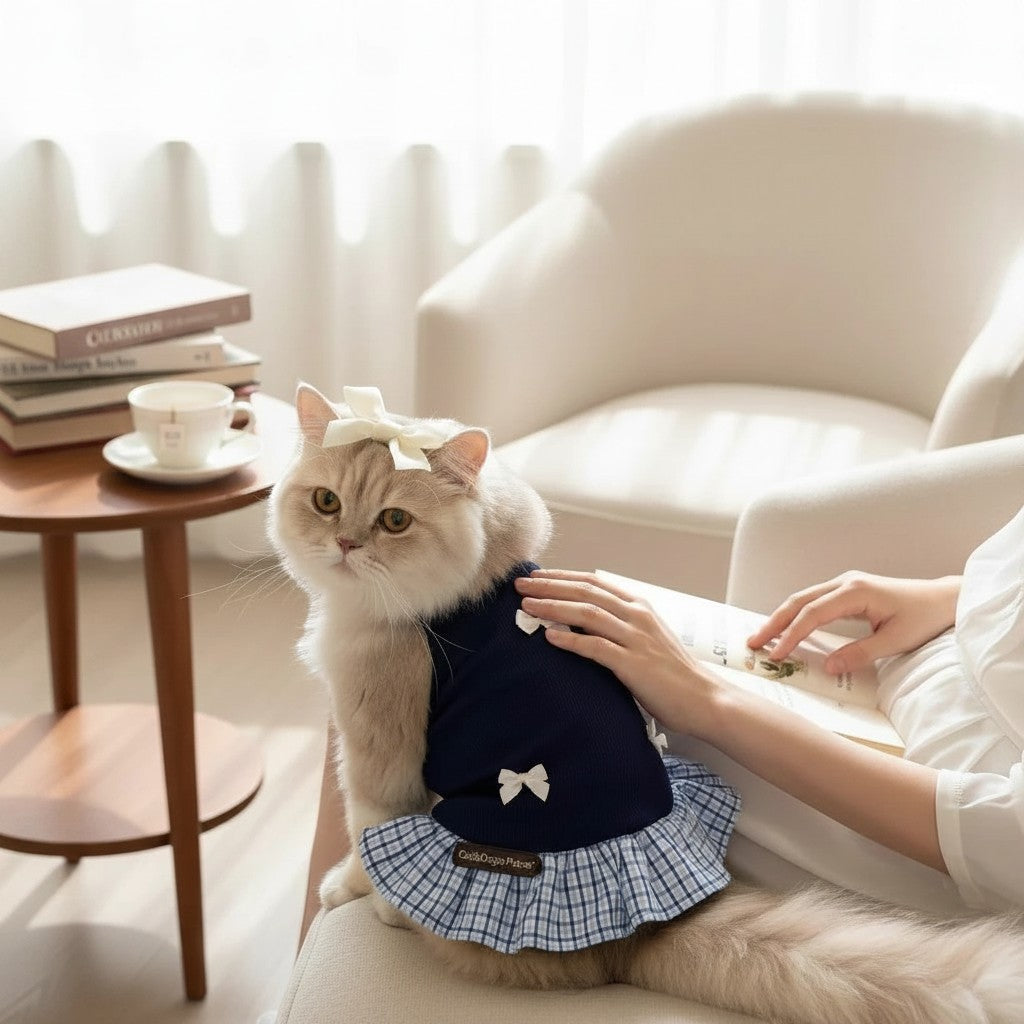 The Spoiled Pet Club blue Camellia Bow Dress on a fluffy cat with a matching hair bow in a cozy home setting