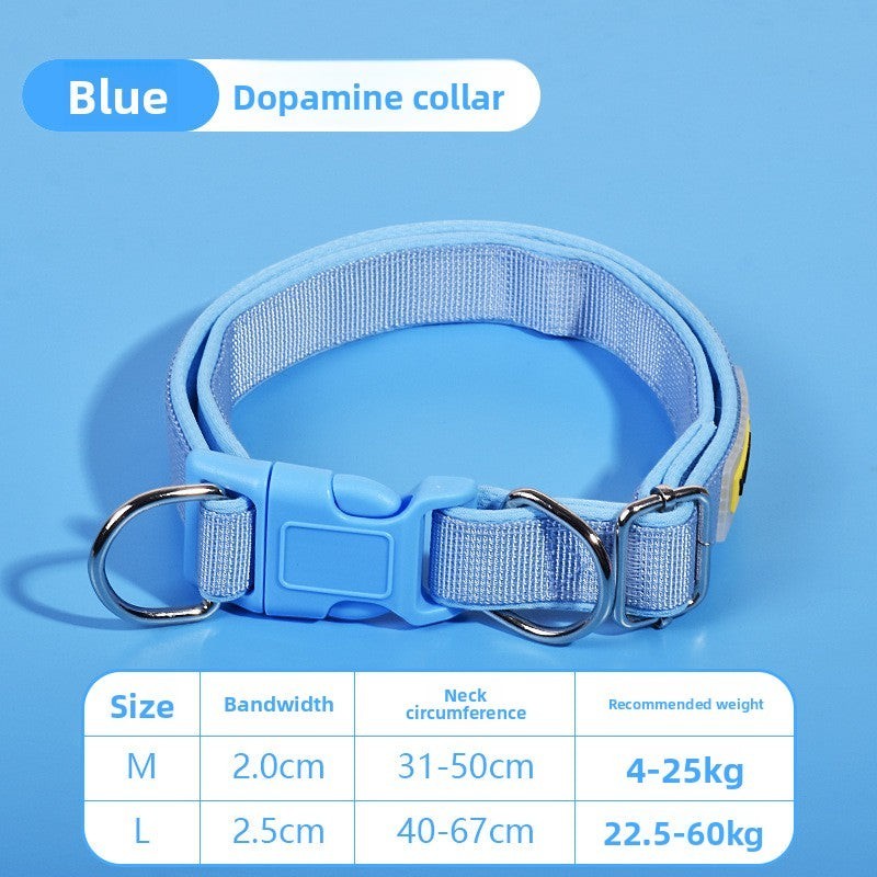 The Spoiled Pet Club blue polypropylene dog collar with adjustable fit and integrated leash attachment. Size chart visible.
