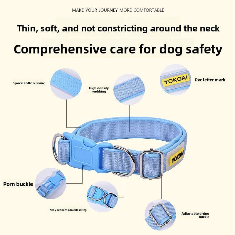 The Spoiled Pet Club blue polypropylene dog collar with adjustable buckle and leash attachment.