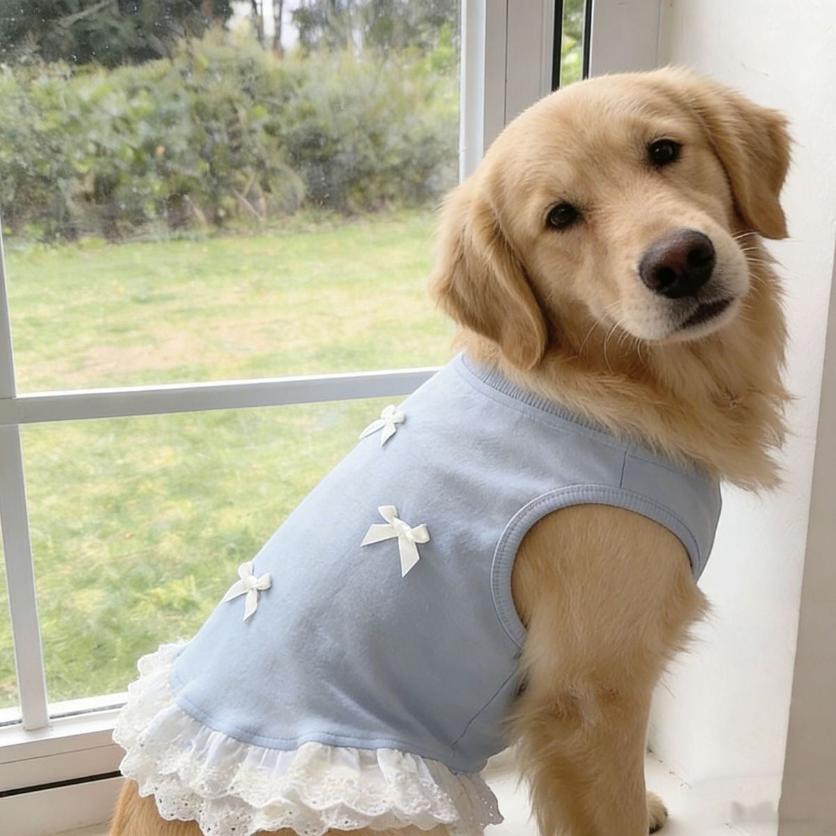 Golden Retriever wearing The Spoiled Pet Club blue pullover vest with white lace trim and cute bow accents.