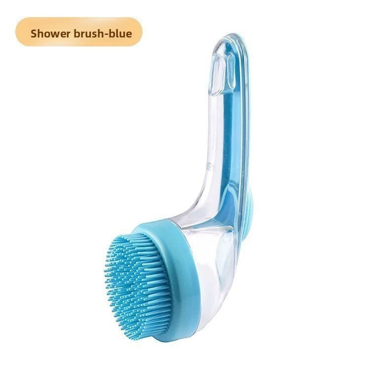 The Spoiled Pet Club blue silicone pet grooming brush with built-in soap dispenser for bath time.
