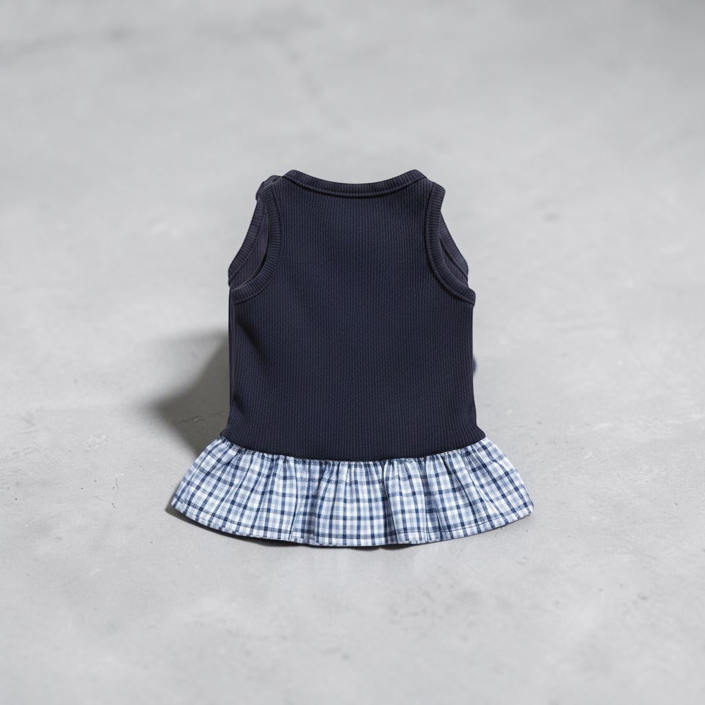 The Spoiled Pet Club Camellia Bow Dress in blue featuring a ribbed bodice and a blue plaid skirt for pets.