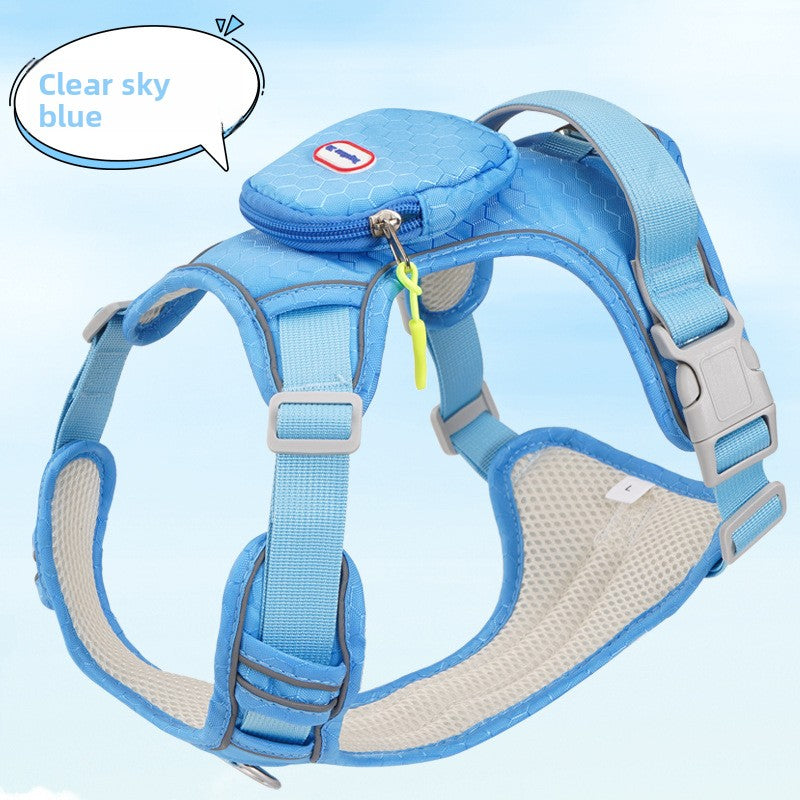 The Spoiled Pet Club clear sky blue reflective dog harness with a small storage pouch and breathable mesh lining.