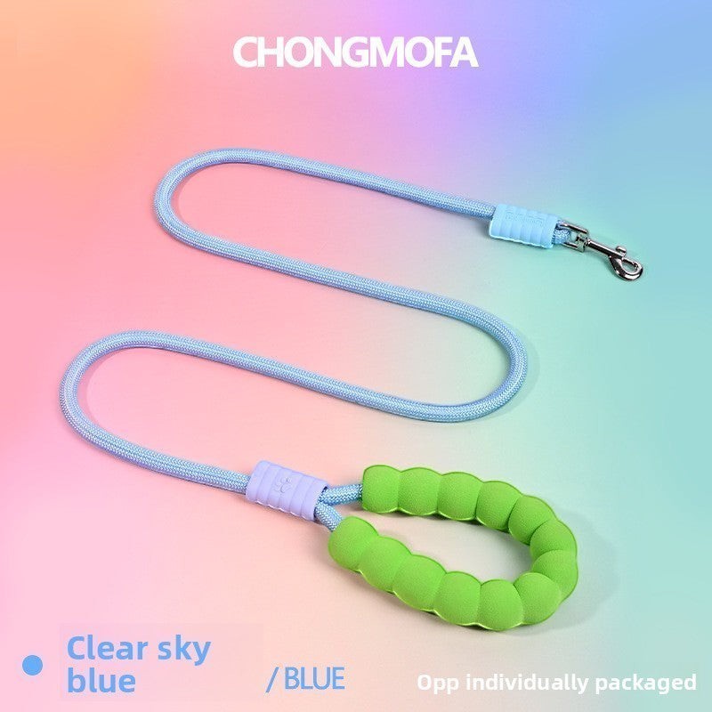 The Spoiled Pet Club blue rope leash with a comfortable green padded handle for cats and dogs.