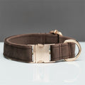 The Spoiled Pet Club dark brown velvet dog collar with rose gold metal buckle and D-ring, adjustable for comfort.