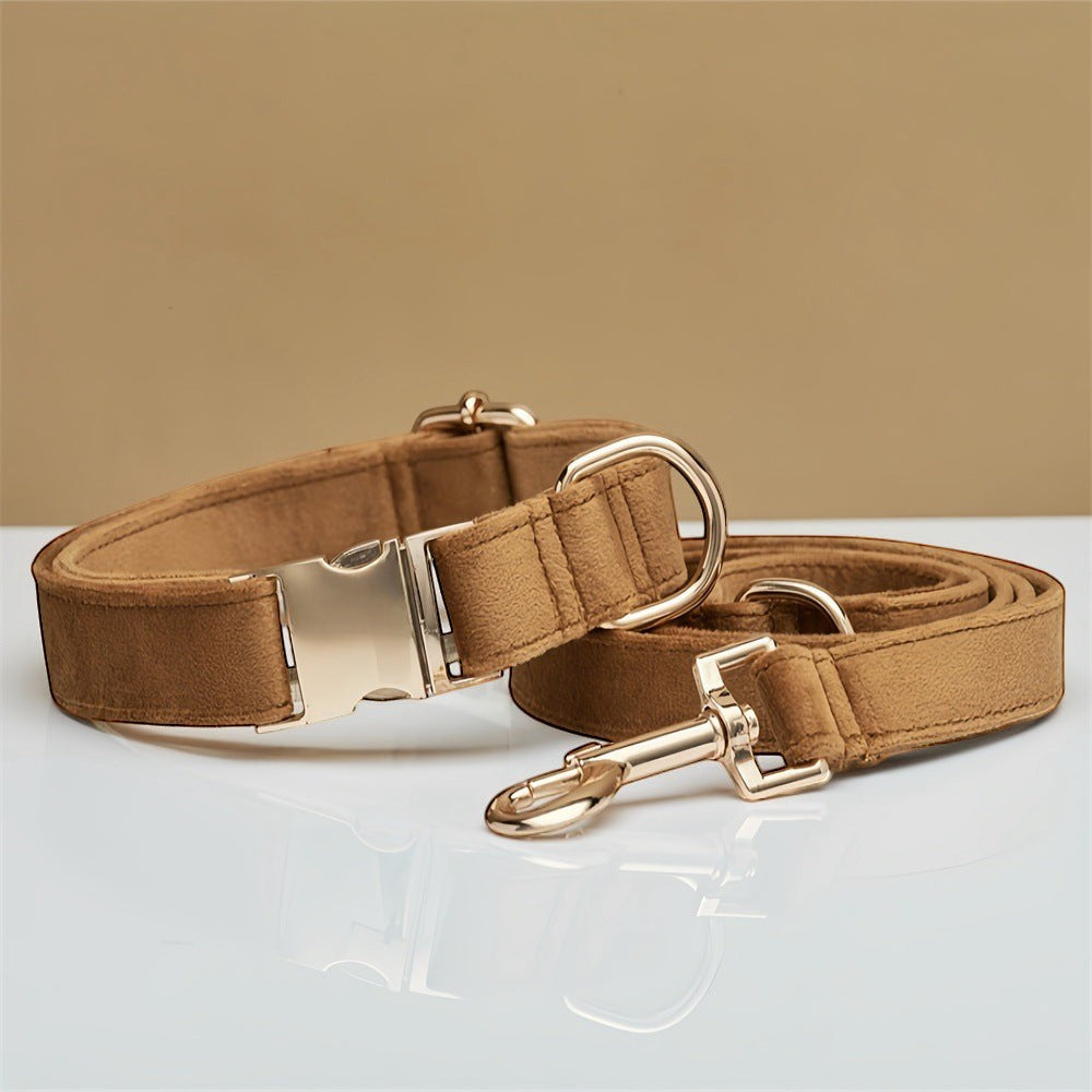 The Spoiled Pet Club brown velvet dog collar and leash set with metal buckle and clasp.