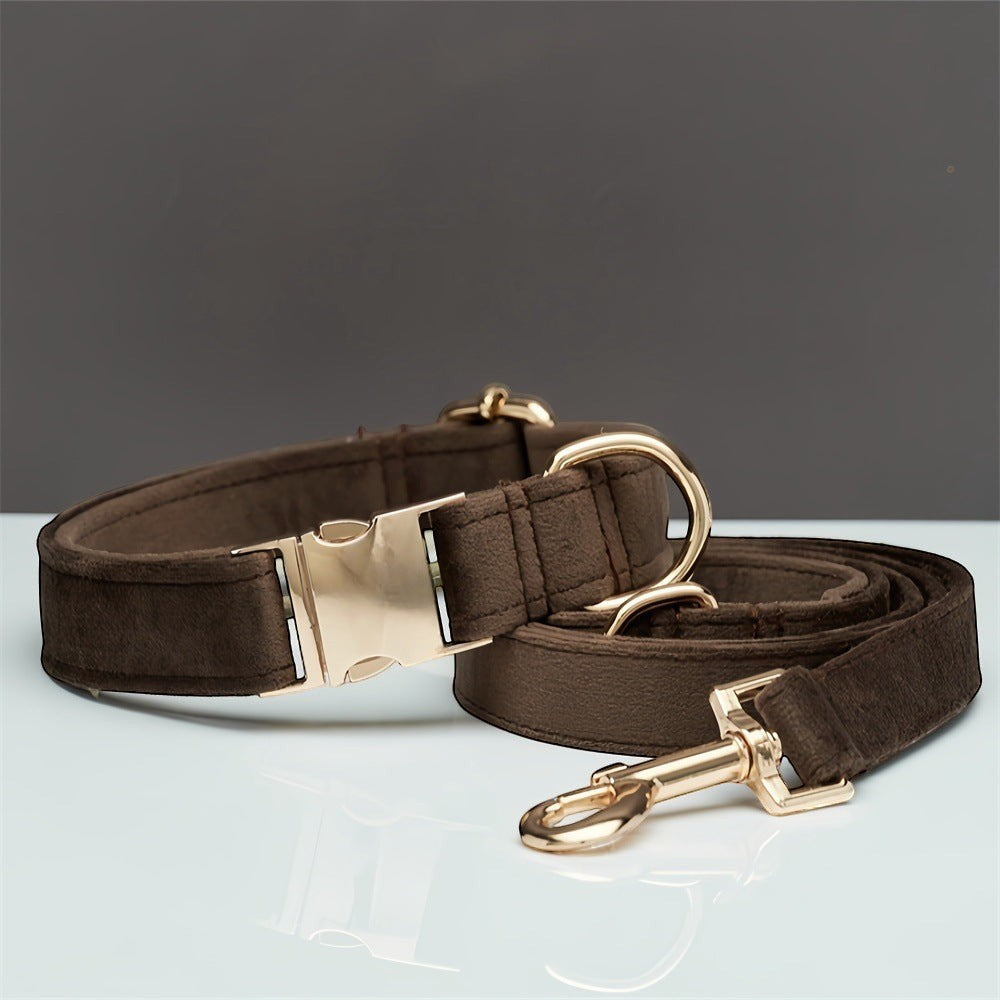 The Spoiled Pet Club dark brown velvet dog collar with gold metal buckle and matching leash.