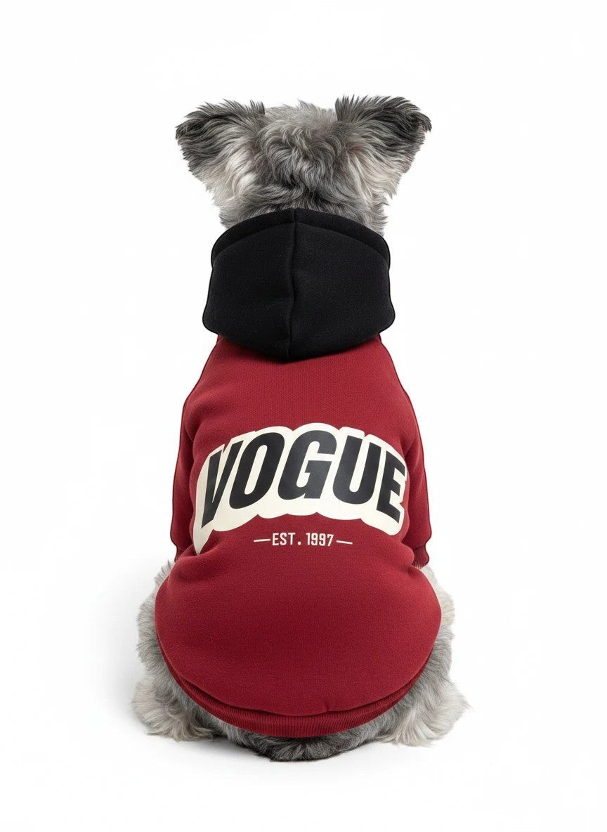The Spoiled Pet Club burgundy polyester dog hoodie with a black hood and VOGUE EST. 1997 graphic on the back