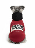 The Spoiled Pet Club burgundy polyester dog hoodie with a black hood and VOGUE EST. 1997 graphic on the back