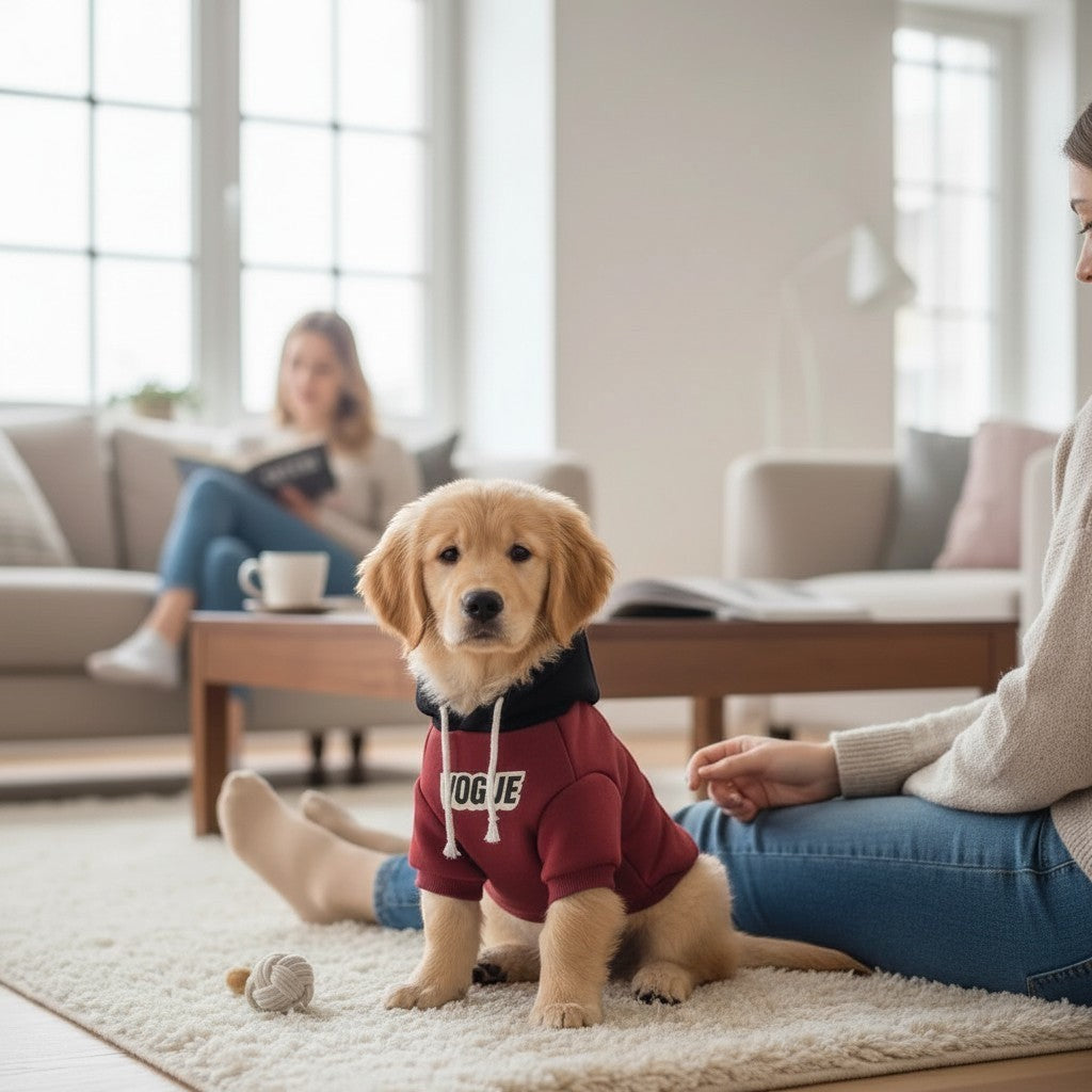 The Spoiled Pet Club burgundy polyester hoodie on a golden retriever puppy sitting on a rug in a cozy living room.