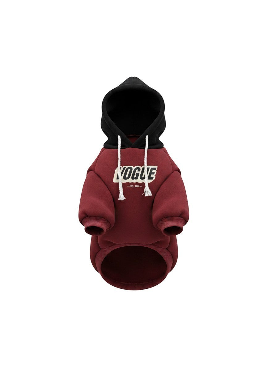 The Spoiled Pet Club burgundy and black polyester pet hoodie with Vogue graphic and white drawstring hood