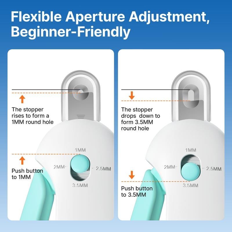 The Spoiled Pet Club adjustable cat nail clippers with 4 size settings (1-3.5mm) for precise trimming.