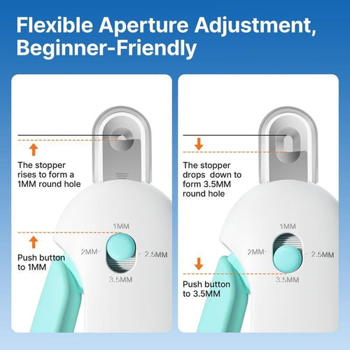 The Spoiled Pet Club adjustable cat nail clippers with 4 size settings (1-3.5mm) for precise trimming.