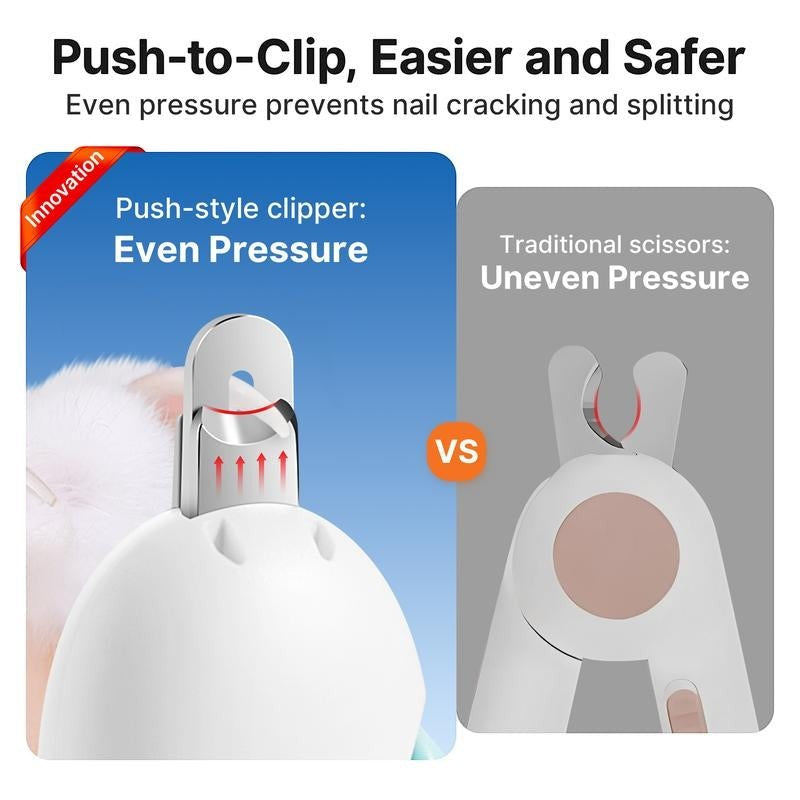 The Spoiled Pet Club cat nail clipper with adjustable trimmer for all cat sizes, showing even pressure vs uneven pressure.