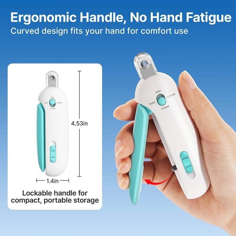 The Spoiled Pet Club white and teal cat nail clipper with adjustable trimming hole sizes and lockable handle.