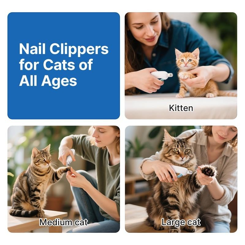 The Spoiled Pet Club adjustable cat nail clippers with LED light for kittens, medium, and large cats.