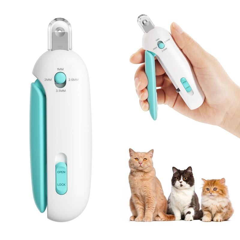 The Spoiled Pet Club white and teal cat nail clipper with adjustable trim sizes and safety lock.