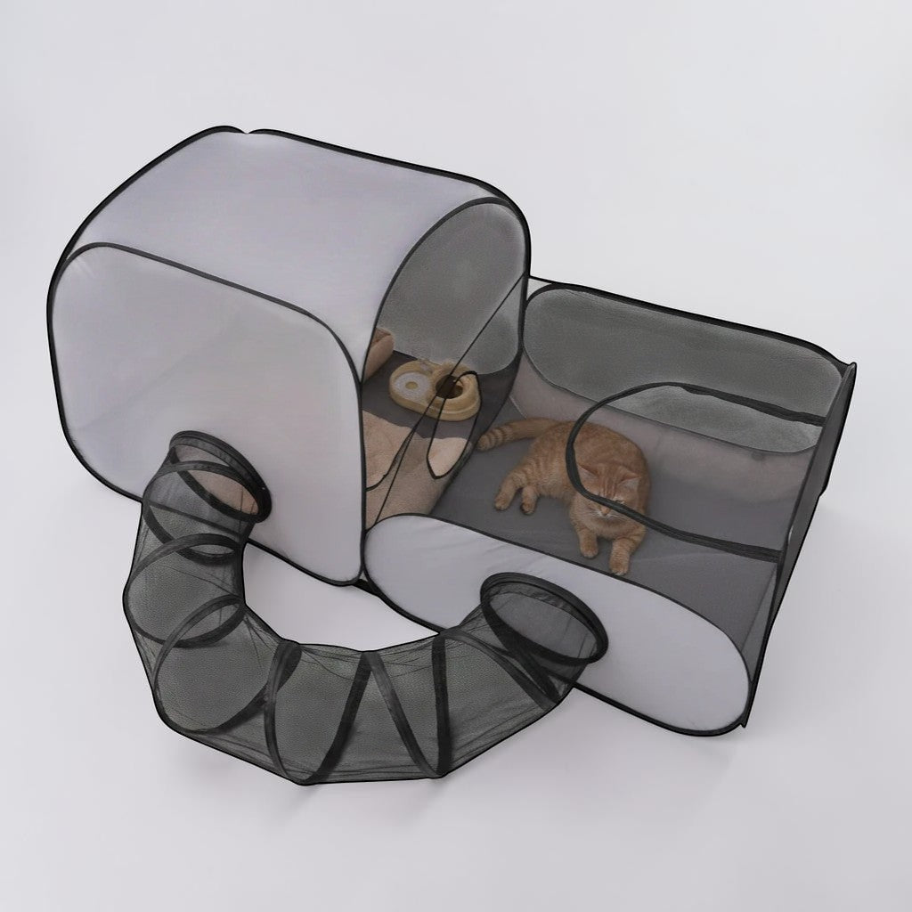 The Spoiled Pet Club pop-up cat tunnel and play tent with mesh panels and a cat inside.