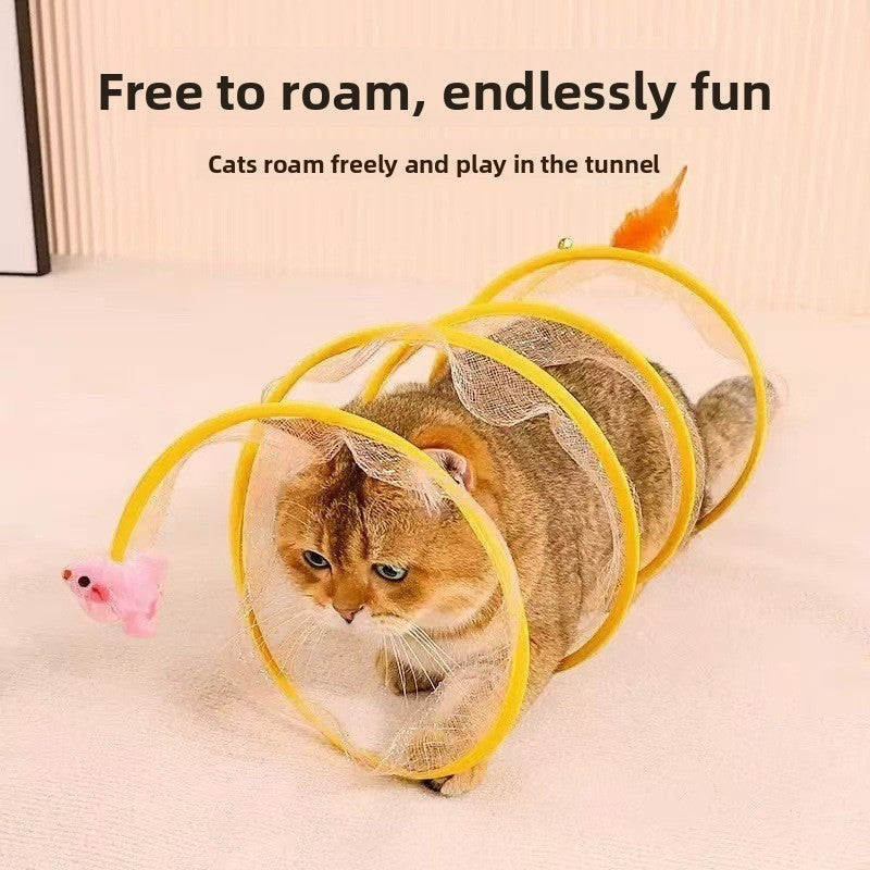 The Spoiled Pet Club cat teaser tunnel with a yellow frame, mesh fabric, and an attached pink mouse toy for play