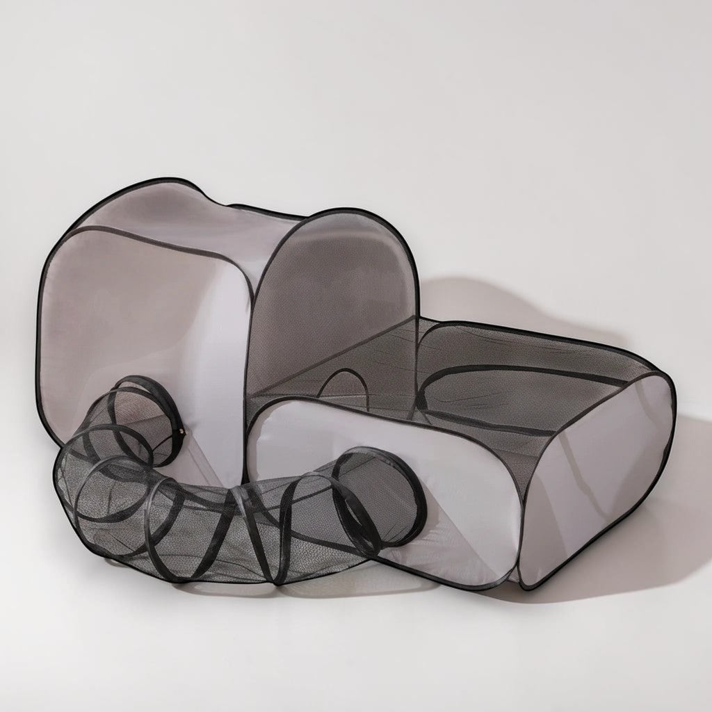 The Spoiled Pet Club pop-up cat tunnel and play tent set with mesh panels and multiple connected sections.
