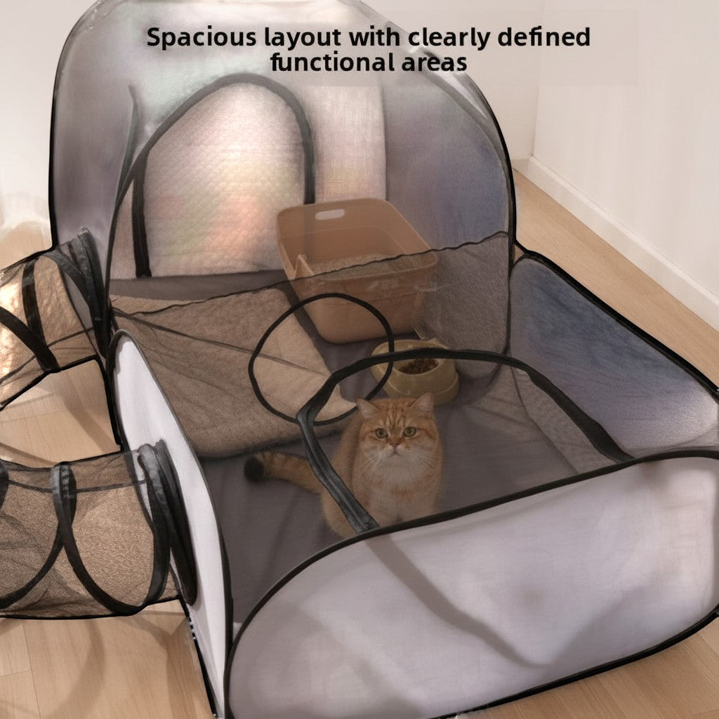 The Spoiled Pet Club Serene Sun Catio pop-up play tent and tunnel with mesh panels and a cat inside.