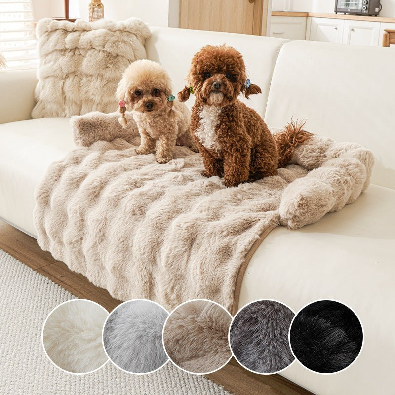 The Spoiled Pet Club Heavenly Paw Couch Nest, plush dog bed in light brown with two toy poodles.