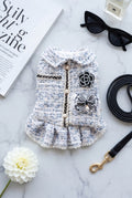 The Spoiled Pet Club Dahlia Darling tweed dog dress in light blue and white with pearl trim and floral embellishments.