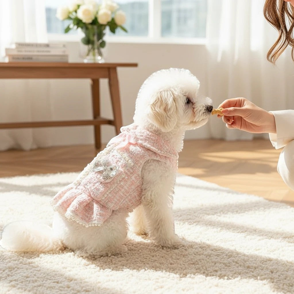 The Spoiled Pet Club Dahlia Darling pink tweed dog dress with pearl trim and bow detail.