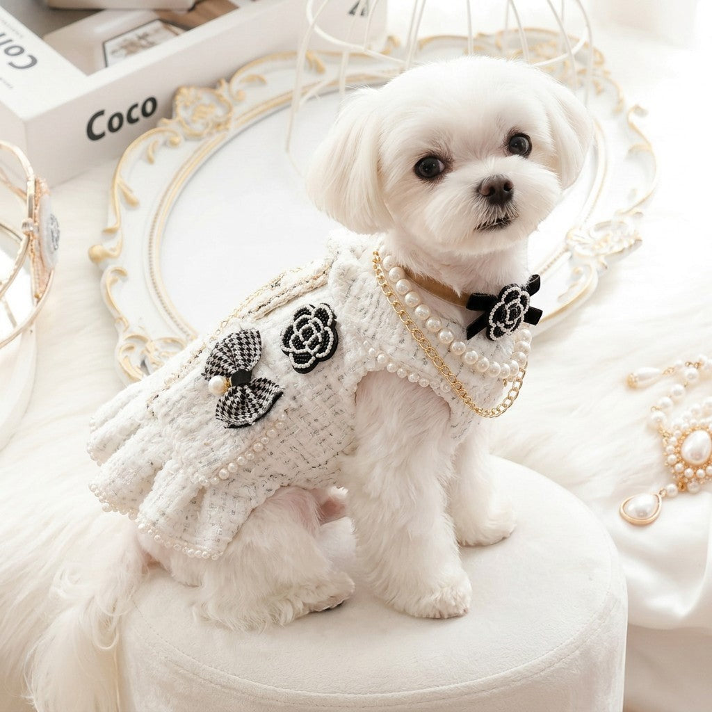 The Spoiled Pet Club Dahlia Darling white tweed dog dress with pearl trim, floral appliques, and bow accents.