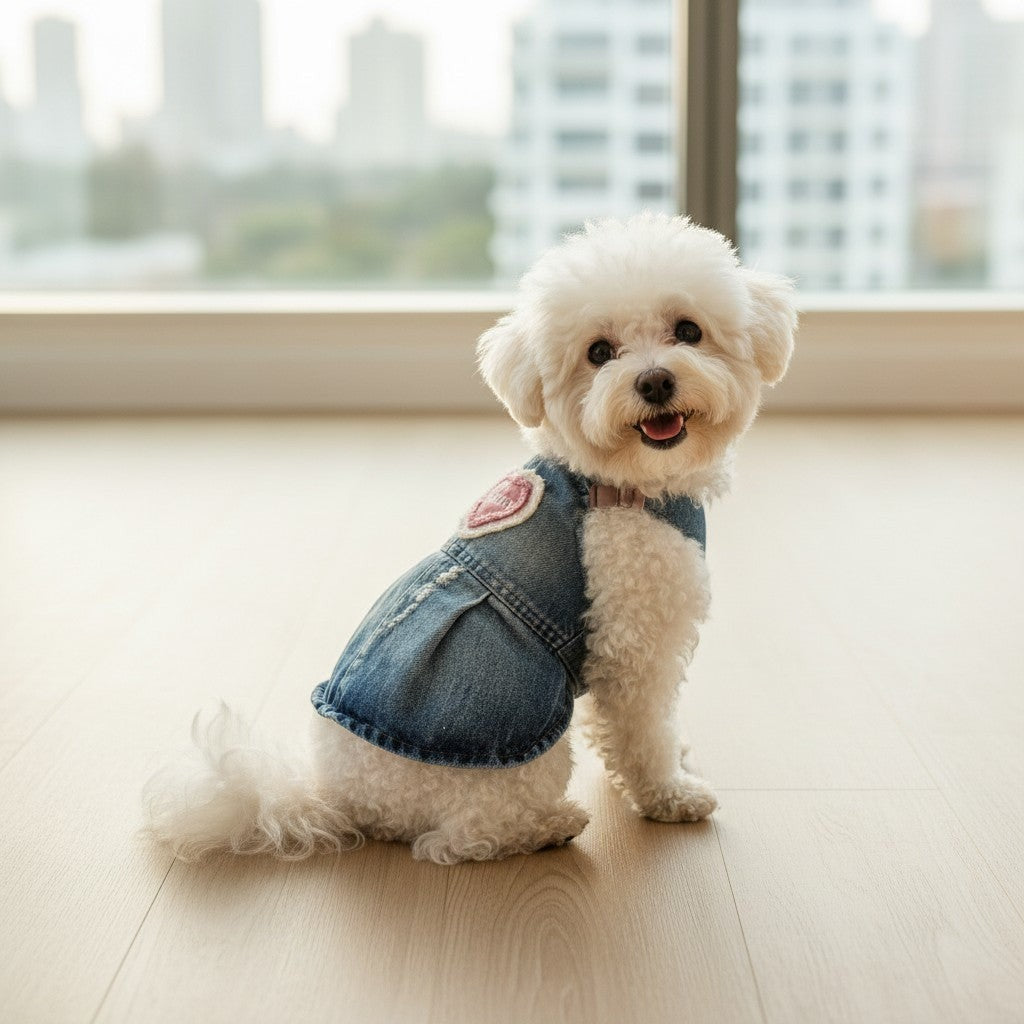 The Spoiled Pet Club denim pet dress with a heart patch on a small white Bichon Frise dog sitting indoors.